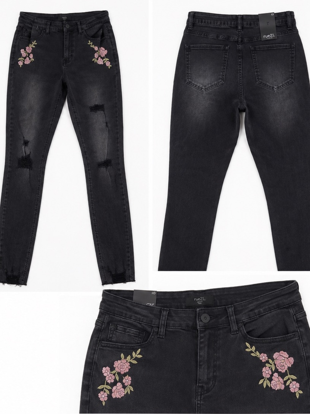 NWT Rue21 Distressed Floral Embroidered High-Rise Skinny Jeans - Women Size 10